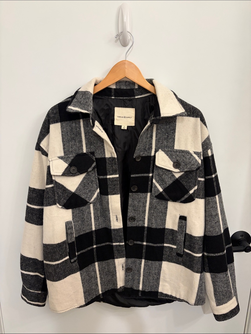 Thread & Supply Black and Cream Plaid Teddy Jacket
